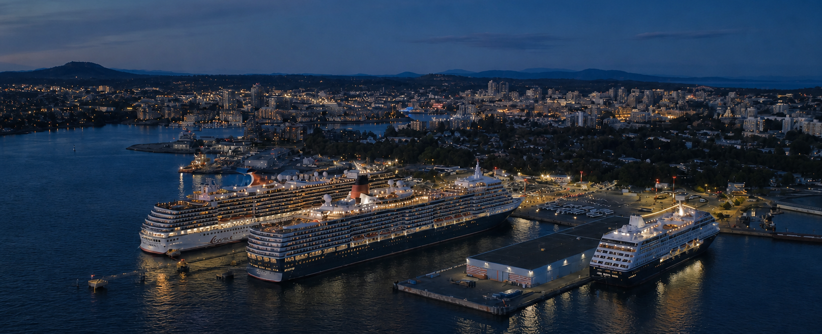 Cruise terminal at night with view of Victoria